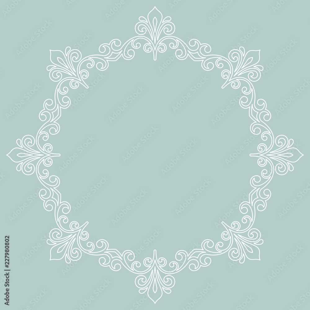 Oriental round white frame with arabesques and floral elements. Floral border with vintage pattern. Greeting card with place for text Oriental round white frame with arabesques and floral elements. Floral border with vintage pattern. Greeting card with place for text