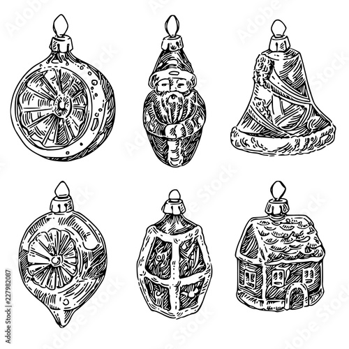 Set of vintage glass Christmas tree toy. Balls, Santa, bell, lantern, and house. Lantern. Sketch. Engraving style. Vector illustration
