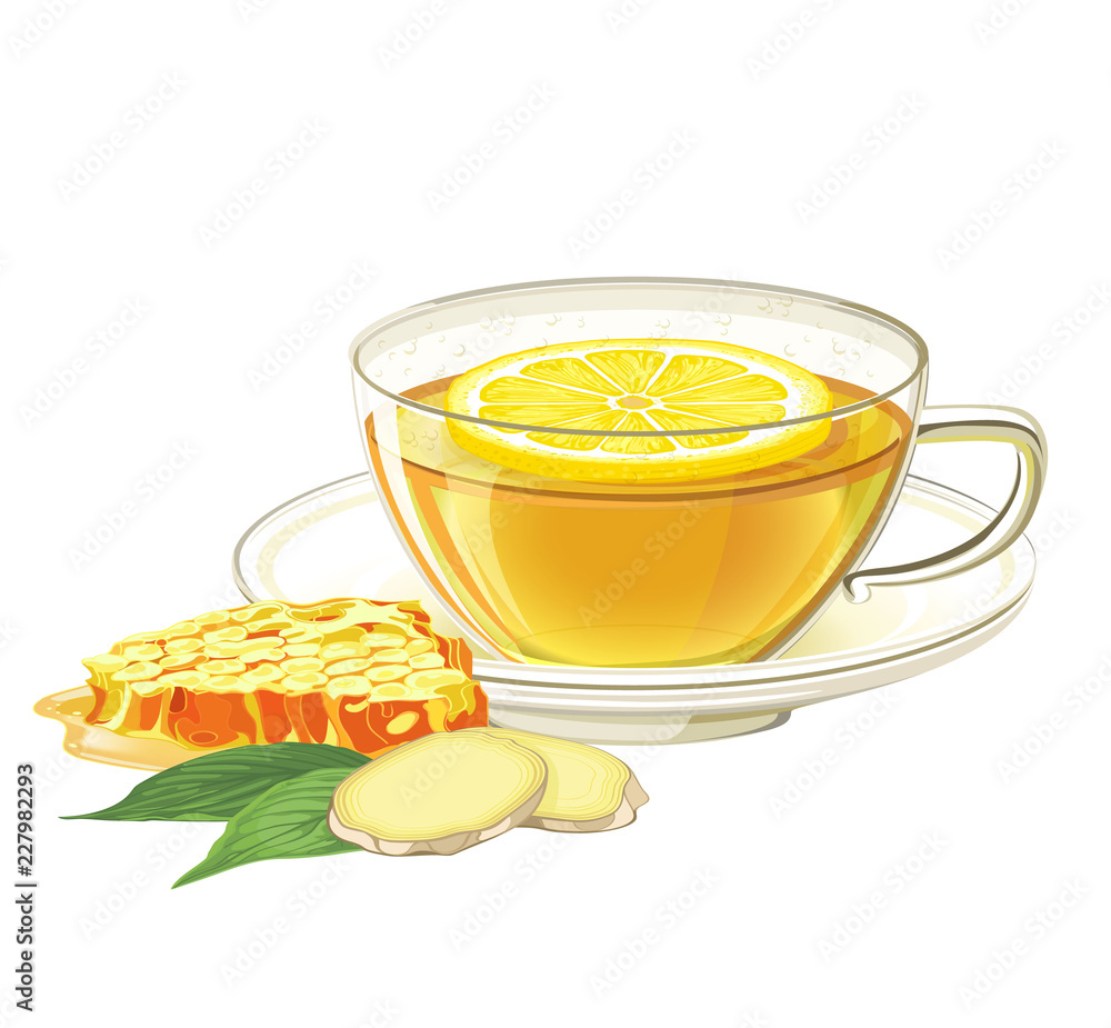 Cup of herbal tea with lemon, ginger  and honeycomb. Illustration on isolated white background