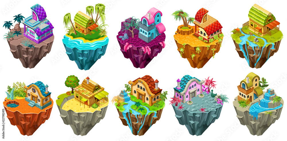 Set 3d isometric buildings on the islands with different climates and decoration for computer games. Straw, wooden, stone сottages and elements landscape design. Isolated vector cartoon illustration.