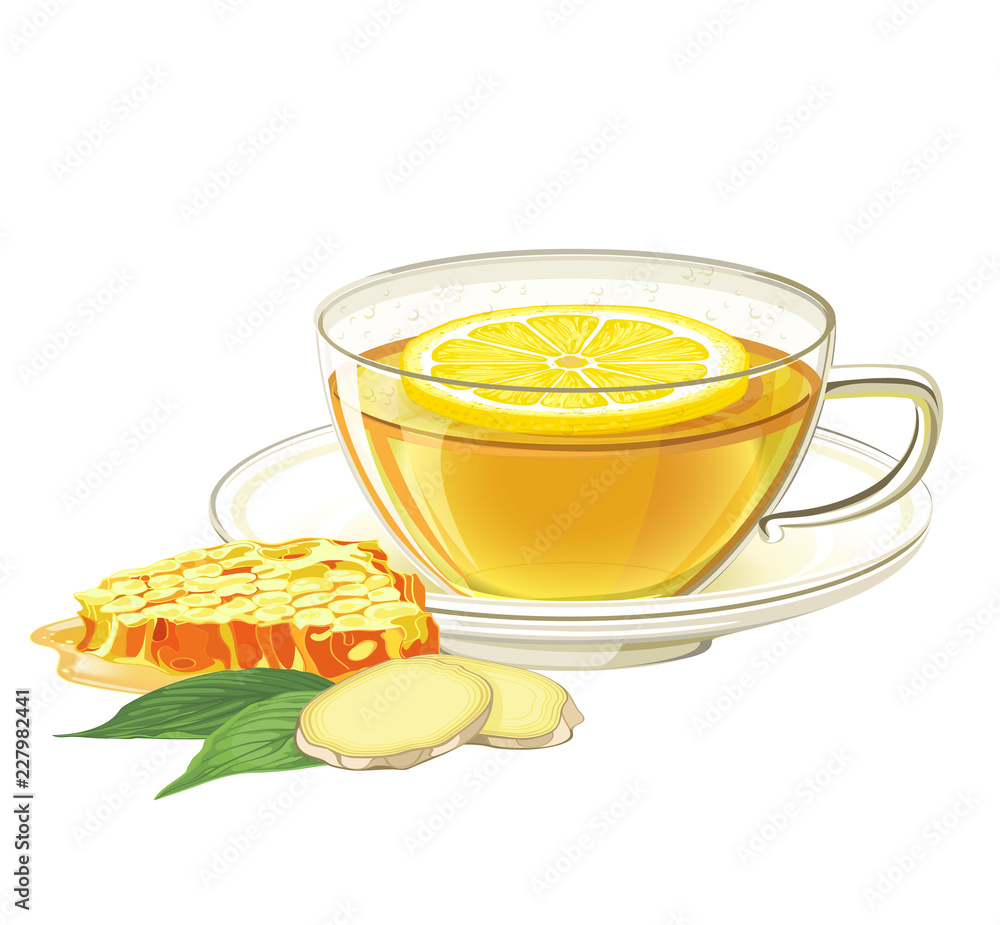 Cup of herbal tea with lemon, ginger  and honeycomb. Vector illustration on isolated white background