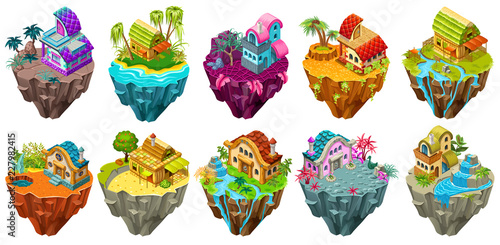 Set 3d isometric buildings on the islands with different climates and decoration for computer games. Straw, wooden, stone сottages and elements landscape design. Isolated vector cartoon illustration.