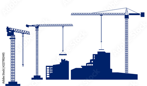 Set tower crane builds a house. Dark blue silhouettes of buildings and cranes isolated on white background. Vector illustration.
