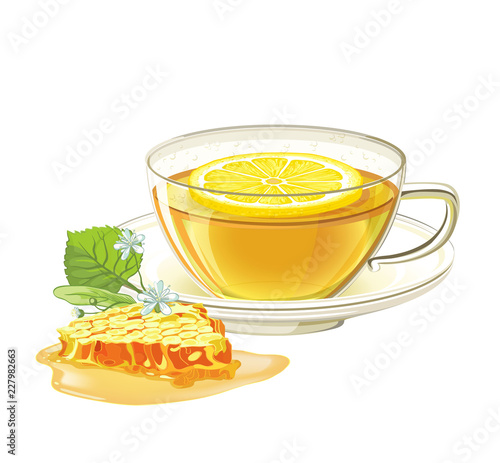 Cup of herbal tea with linden flowers, lemon and honeycomb. Vector illustration on isolated white background