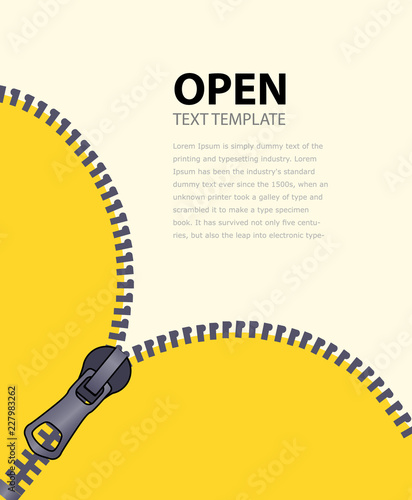 Bright vertical background for advertising leaflets. Open yellow zipper. Isolated on a white background. Poster template an empty space for text, for your projects.