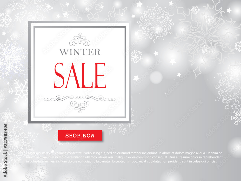 Winter shopping sale banner with lettering. Snow blurred background. Holiday sale with snowflakes over grey background