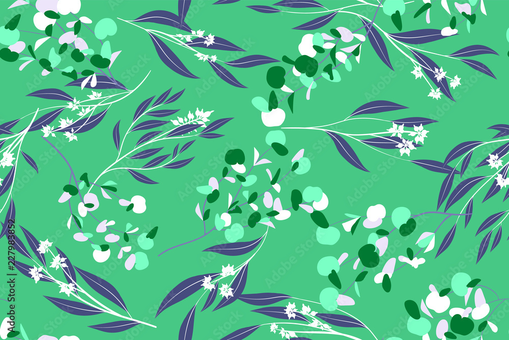 Fototapeta premium Tropical Seamless Pattern. Vector Eucalyptus Leaves and Beautiful Floral Elements. Botanical Summer Background. Elegant Tropical Seamless Pattern for Wedding Design, Print, Textile, Fabric, Wrapping.