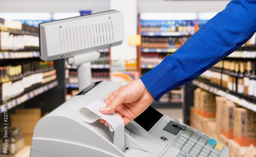 Cash register with LCD display and worker's Cash register with LCD display and worker's