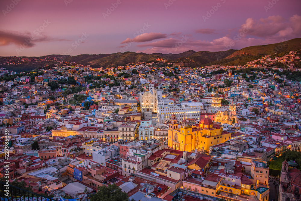 Beautiful sunset over Guanajuato city in Mexico