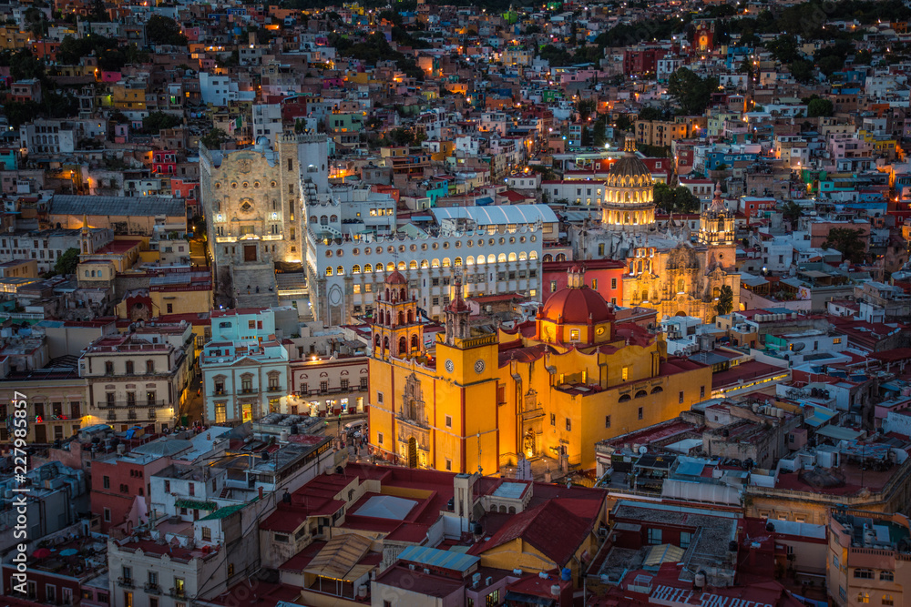 Beautiful night panorama of the University and the Basilica of Guanajuato city in Mexico