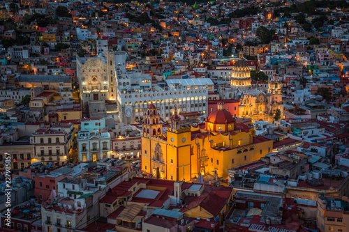 Beautiful night panorama of the University and the Basilica of Guanajuato city in Mexico