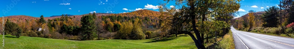 Panoramic view of an autumn scene in Vermont mountains near Stowe