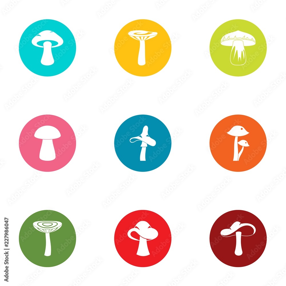 Mycotic forest icons set. Flat set of 9 mycotic forest vector icons for web isolated on white background Mycotic forest icons set. Flat set of 9 mycotic forest vector icons for web isolated on white background