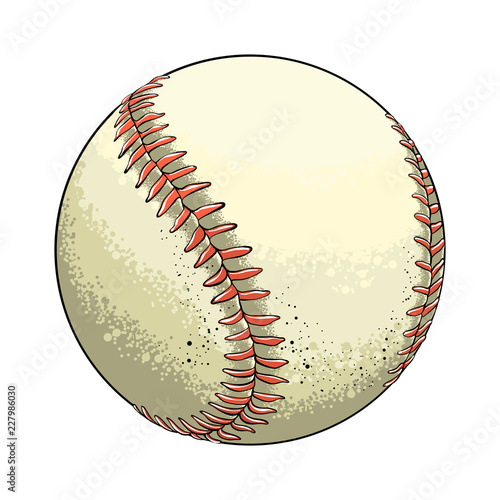 Hand drawn sketch baseball ball in color, isolated on white background. Detailed drawing in the style of vintage. Vector illustration