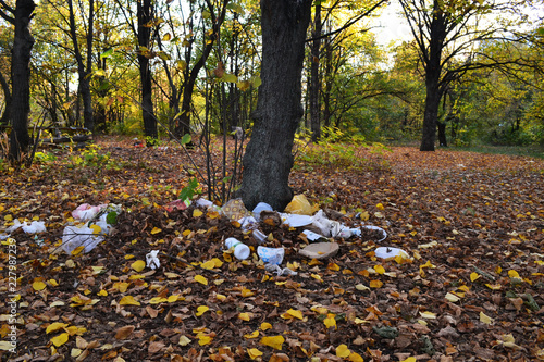 Forest pollution with plastic, polyethylene and metal garbage. Environmental pollution