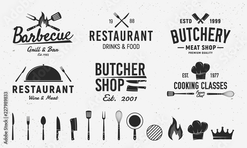 6 Vintage logo templates and 14 design elements for restaurant business. Butchery, Barbecue, Restaurant emblems templates. Vector illustration