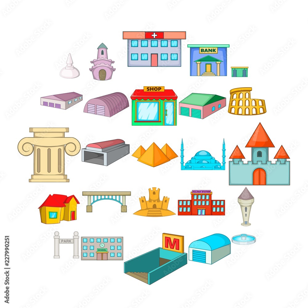 Urban sprawl icons set. Cartoon set of 25 urban sprawl vector icons for web isolated on white background Urban sprawl icons set. Cartoon set of 25 urban sprawl vector icons for web isolated on white background
