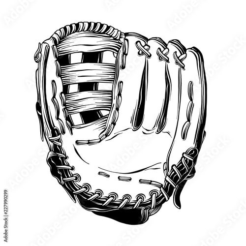 Hand drawn sketch of baseball glove in black isolated on white background. Detailed vintage style drawing, for posters, decoration and print.. Vector illustration