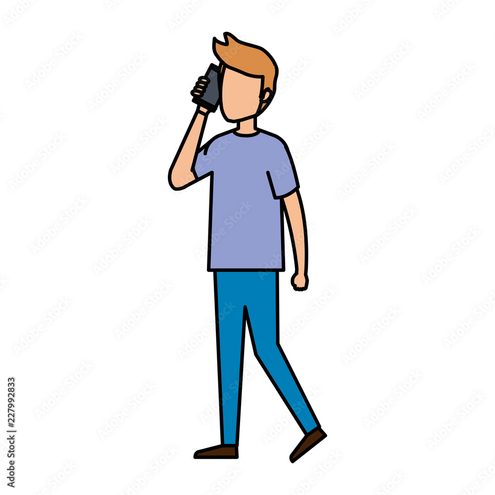 young man calling with smartphone character young man calling with smartphone character
