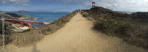 Sandy path to panorama look out point for Panorama view of Golden Gate Bridge San Francisco panoramic