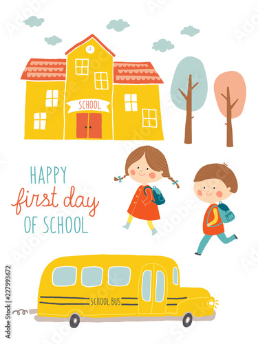 Happy first day of school card design. Kids going to school. Cute boy and girl with school building and school bus. Cartoon vector clip art eps 10 illustration on white background. Hand lettering.