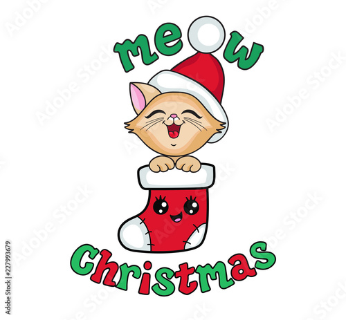 Cute kitten in a Christmas stocking. My first Christmas. Vector illustration isolated on white background.