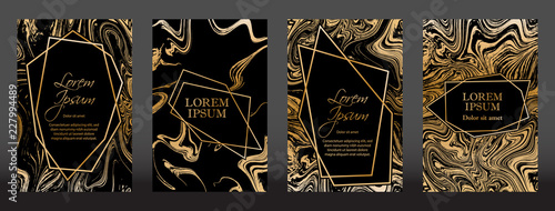 Gold marble texture and geometric frames on black backgrounds vector set. Luxury design for brochure, banner, vip invitation, cover, business card. Gold foil black marble pattern texture and frames.