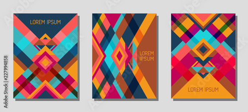 Cover page layout vector template geometric design with triangles and stripes pattern.