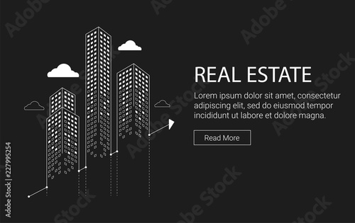 Real estate investment grahic with skyscrapers and clouds