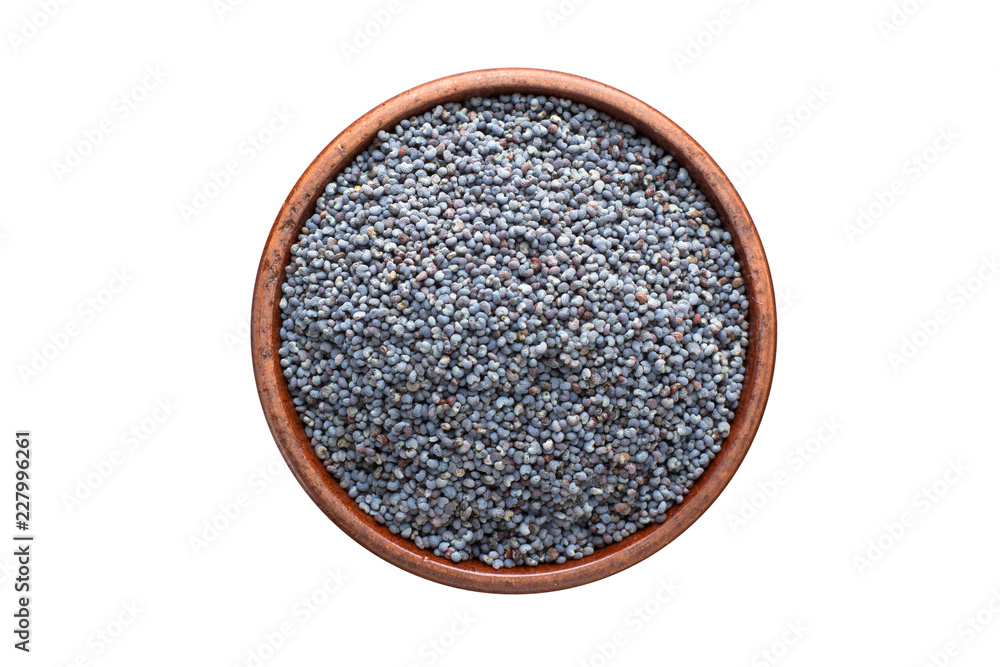 poppy seeds spice in wooden bowl, isolated on white background. Seasoning top view poppy seeds spice in wooden bowl, isolated on white background. Seasoning top view