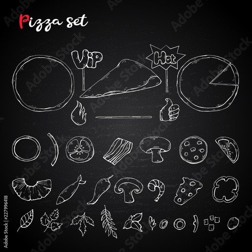Vector pizza set,collection on a chalkboard. Pizza ingredient