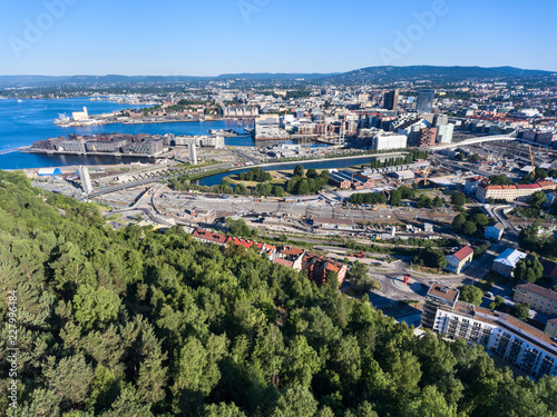 Aerial view at sentrum of Oslo city. Compact, bustling downtown witn new constructions, roads and streets. Norway photo