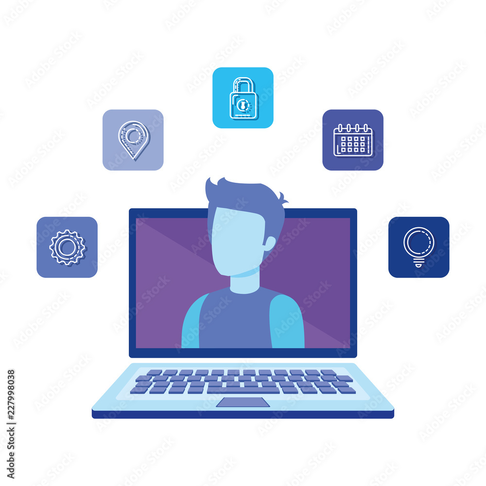 laptop computer with user and social media icons laptop computer with user and social media icons