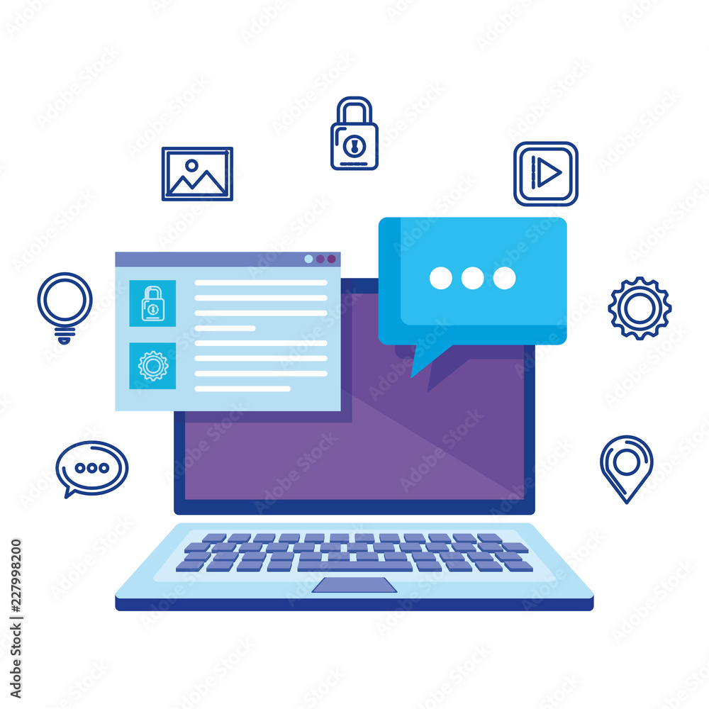 laptop with social media marketing icons laptop with social media marketing icons