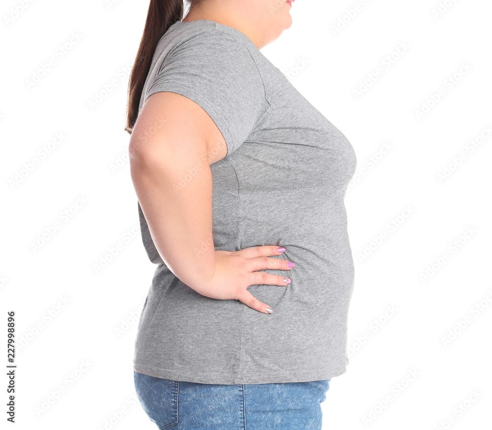 Overweight woman before weight loss on white background Overweight woman before weight loss on white background
