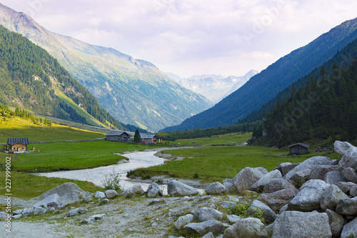 High mountain alpine valley at summer. Krimmler Tauernhaus. Austria.