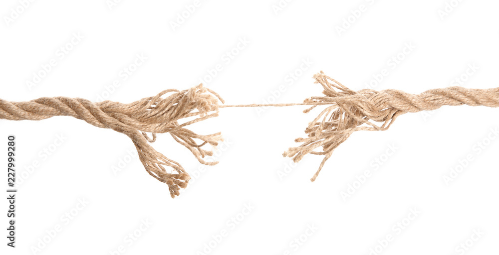 Frayed rope at breaking point on white background StockFoto Adobe Stock