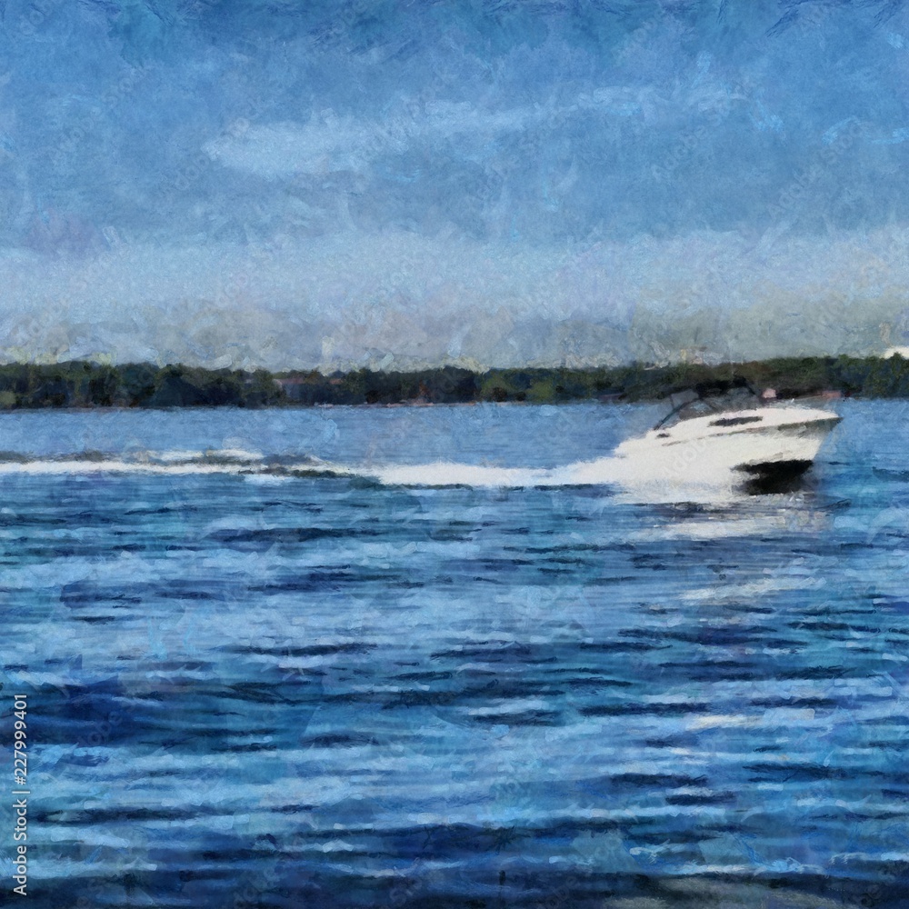 Hand drawing watercolor art on canvas. Artistic big print. Original modern painting. Acrylic dry brush background. White boat sailing on the lake. Bright blue water.