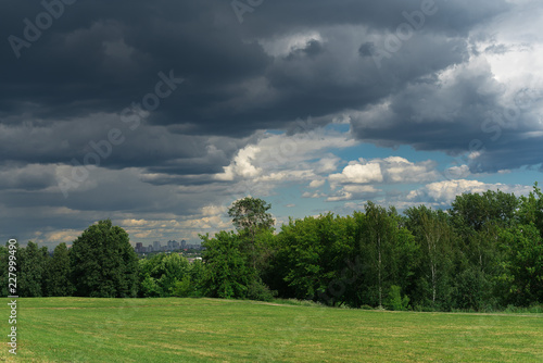 Storm clouds over the trees and green grass field in Kolomenskoye Park in summer.