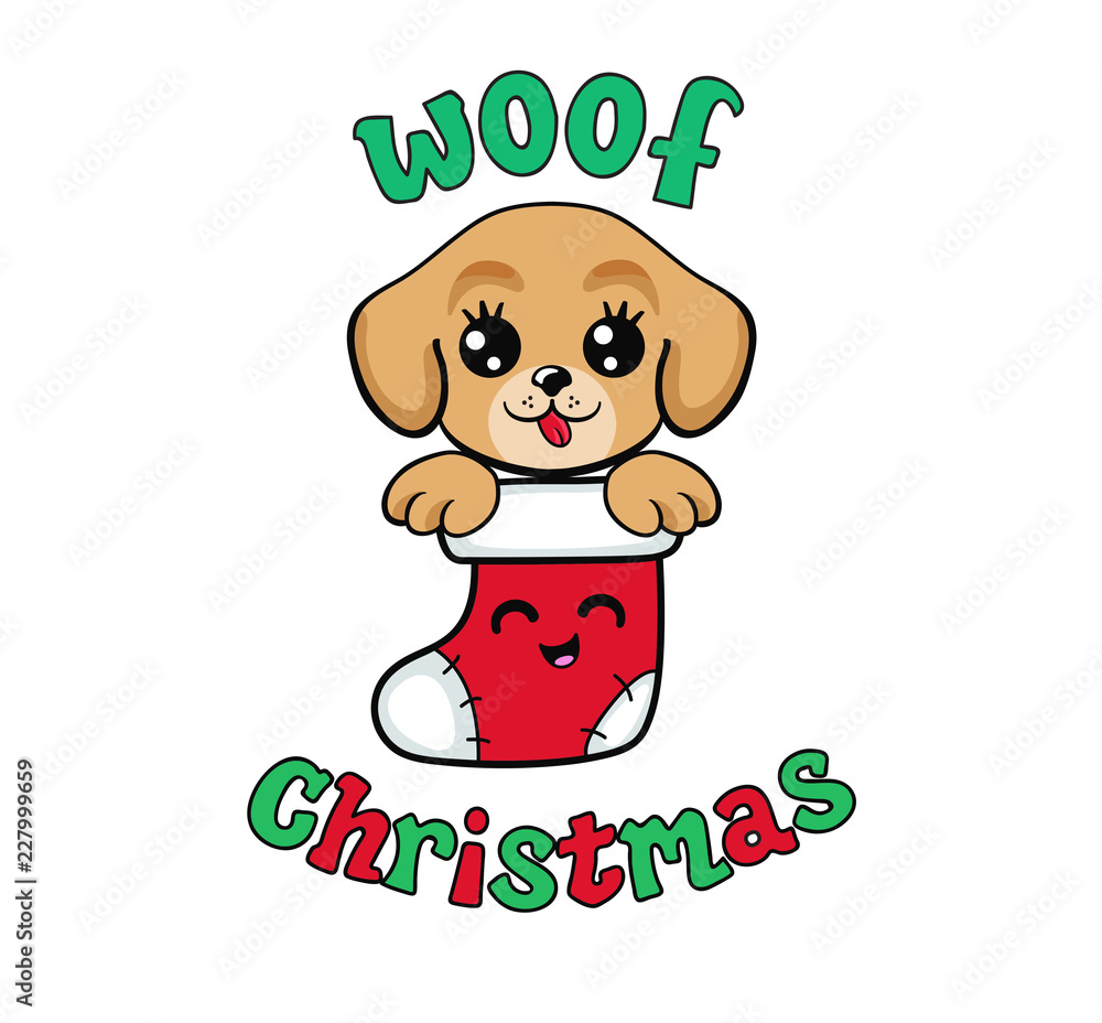 Cute puppy in a Christmas stocking. My first christmas. Vector illustration isolated on white background. Cute puppy in a Christmas stocking. My first christmas. Vector illustration isolated on white background.