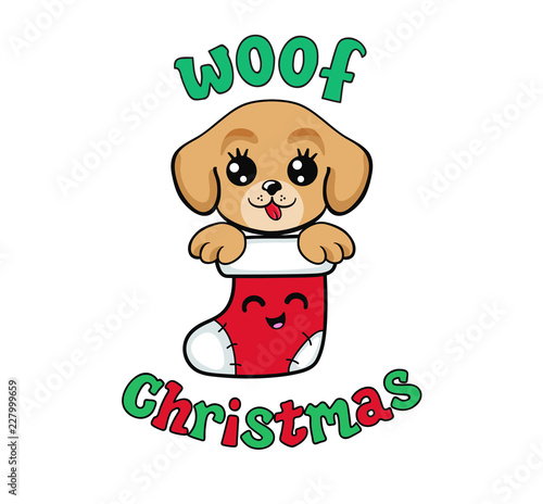 Cute puppy in a Christmas stocking. My first christmas. Vector illustration isolated on white background.
