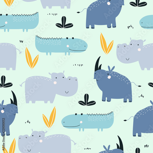 Seamless childish pattern with cute African animals. Fashion kids graphic. Vector hand drawn illustration. 