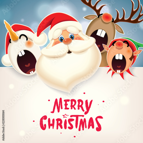 Christmas companion-Santa Claus, Snowman,Reindeer and Elf with textual signboard isolated on a sparkle blue background