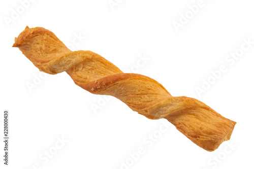 Bread twisted salty sticks with cheese isolated on white baclkground photo