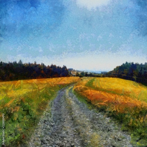 Hand drawing watercolor art on canvas. Artistic big print. Original modern painting. Acrylic dry brush background. Beautiful summer landscape. Wild nature. Road in the field. Blue bright sky 