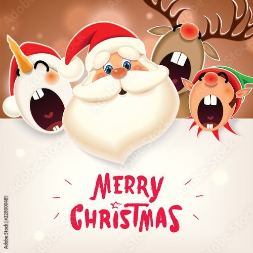 Christmas companion-Santa Claus, Snowman,Reindeer and Elf with textual signboard isolated on a sparkle ocher background