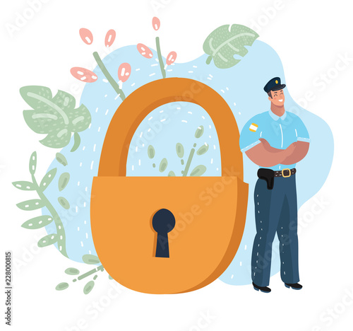 Police officer in front of the giant lock.