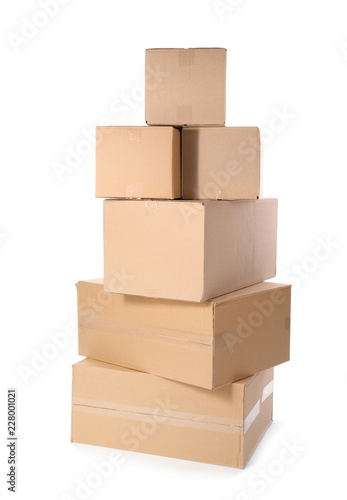 Cardboard parcel boxes on white background. Mockup for design