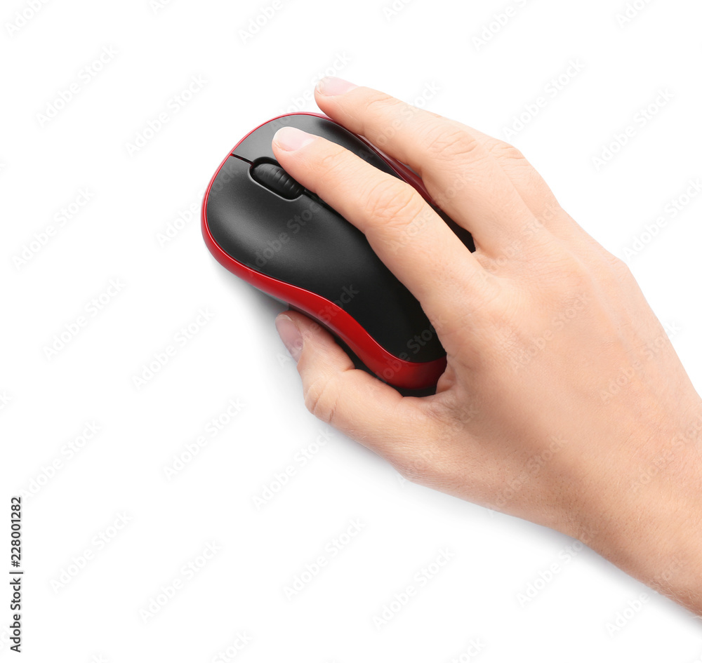 Woman using computer mouse on white background, top view. Space for text Woman using computer mouse on white background, top view. Space for text