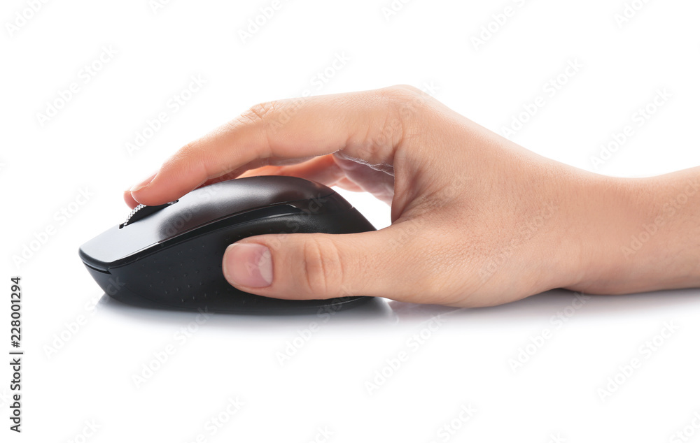 Woman using computer mouse on white background, closeup of hand Woman using computer mouse on white background, closeup of hand
